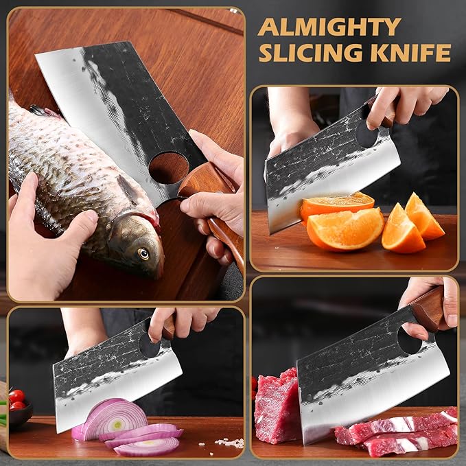 Meat Cleaver Chef Viking Butcher Japanese Cutting Boning Chopping Knife Hand Forged Full Tang Knives with Sheath for Kitchen, Outdoor Cooking, Camping, BBQ, Gift for Man and Women
