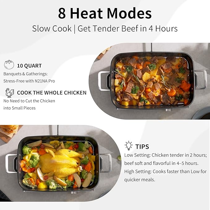 N21NA Pro Slow Cooker 10 Quart, 8-in-1 Programmable PFOA-Free Ceramic Coated Multi-Cooker with Grill Pan, Steaming Plate (Includes Silicone Spoon & Tongs)