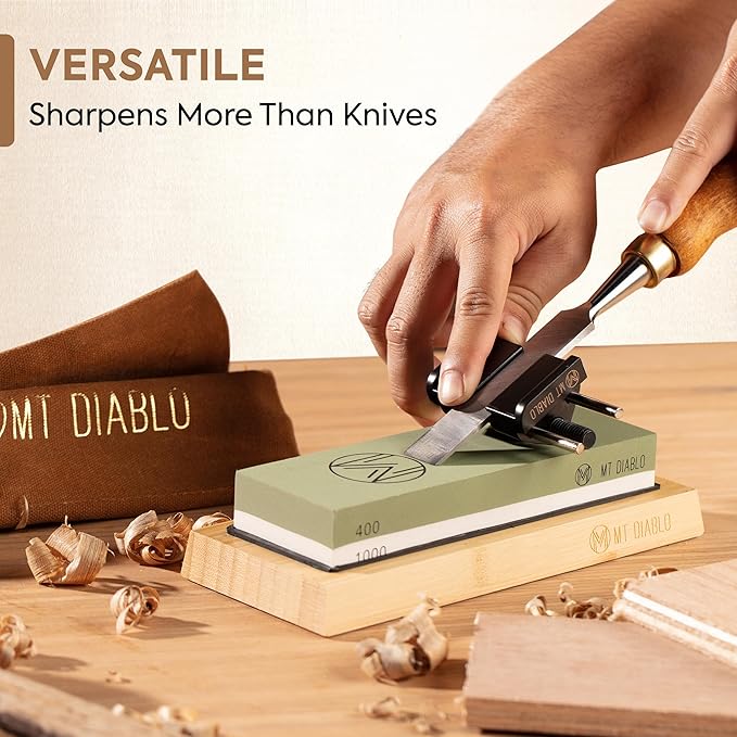 Mt Diablo Knife Sharpener Stone Kit for Chefs & Woodworkers: Dual-Grit Whetstones 400/1000 & 3000/8000, Premium White Corundum, Knife Sharpening Kit with Bamboo Base & Angle Guide, Flattening Stone