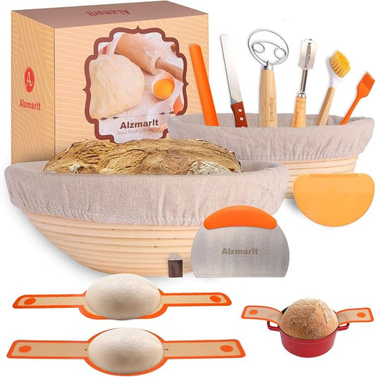 9-Inch Round & 10-Oval Bread Banneton Proofing Basket - Set of 2, Sourdough Baking Supplies with Bread Knife & Silicone Sling
