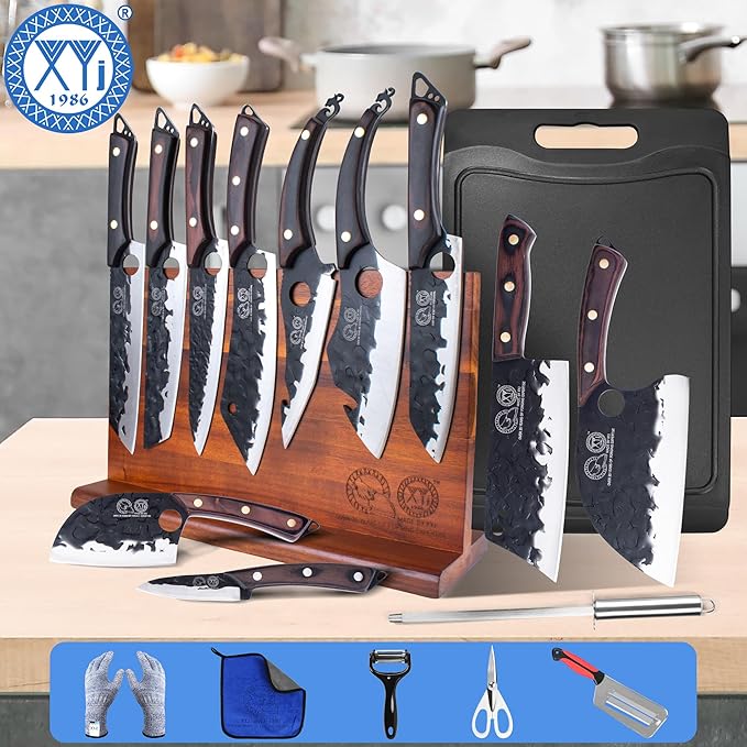 XYJ Knife Block Set, High Carbon Steel Blades, Kitchen Knives Set with Block, Cutting Board, Sharpening Steel, Scissors, Gloves, Mini Knife, Towel, Full Tang Knives, Pakkawood Handle