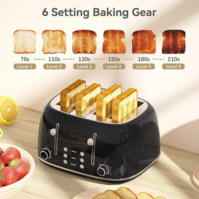 Toaster 4 Slice, Retro Stainless Toaster with 6 Bread Shade Settings,1.5''Wide Slots with Cancel/Defrost/Reheat Functions,Dual Independent Control Panel, Removal Crumb Tray (Black)