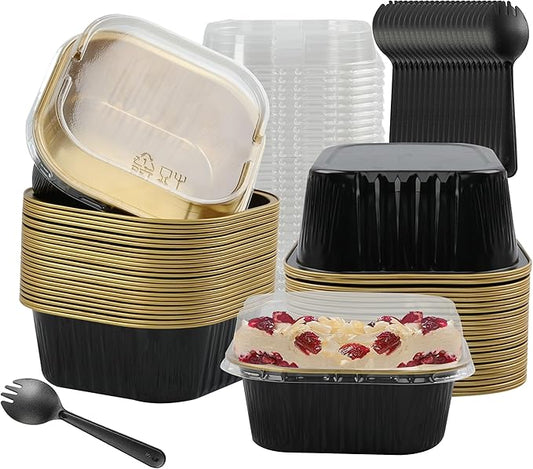 Foil Baking Cups, 30pcs 10oz Mini Cake Pans With Lids Cake Cups Aluminum Pans Disposable Ramekins With Lids Mini Cake Pans, Black Gold, HG01AP300BKX30