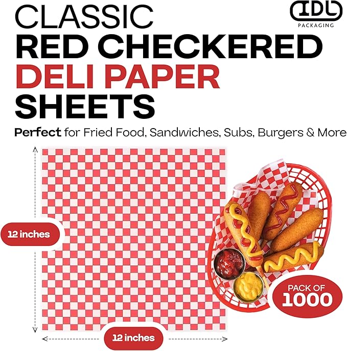 Red Checkered Deli Paper Sheets, 12" x 12" (1000 pcs.) - USA-Made Premium Food Basket Liners - PFAS-free Grease Resistant Deli Paper Sheets for Snack & Baking Wrap, Picnic & Party by IDL Packaging