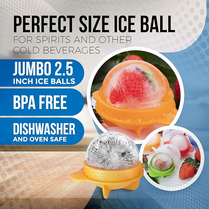 Large Round Ice Cube Mold - Shefio Ice Ball Mold - Set Of 4 Multicolor 2.5 Inch Tight Sealing, Leak Proof Silicone - For Cocktails & Spirits - Ice Ball Mold