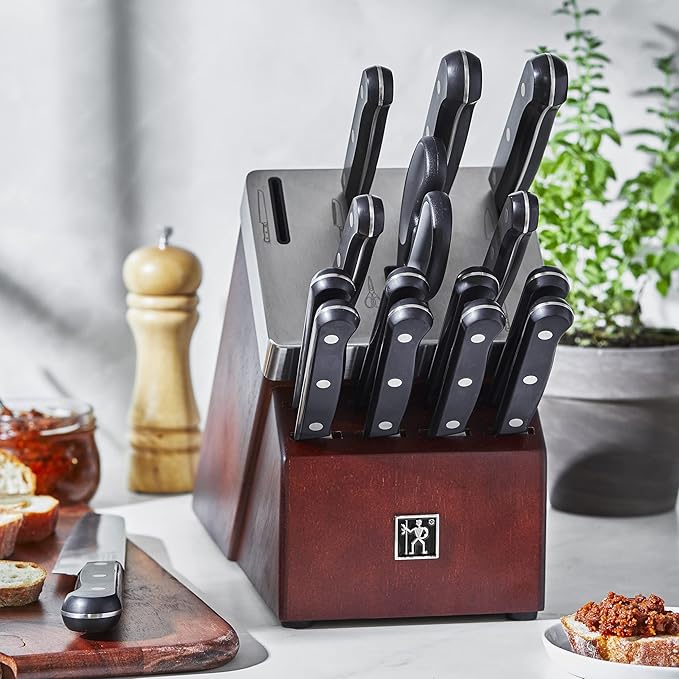 HENCKELS Razor-Sharp Solution 16-pc Self-Sharpening Knife Block Set - Walnut, German Engineered Informed by 100+ Years of Mastery