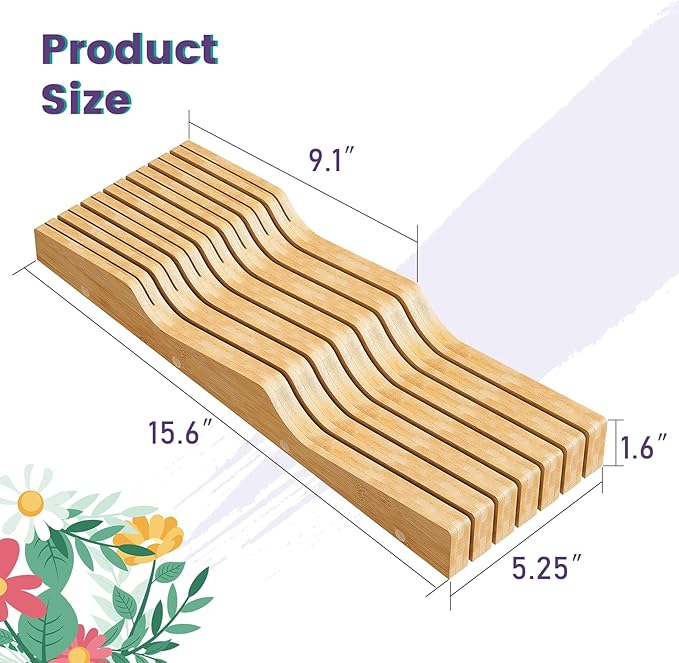 Bamboo In-Drawer Knife Block for 13 Knives(Not Included), Knife Drawer Organizer,Knife Holder Countertop,Block Knife Storage Organizer for Kitchen