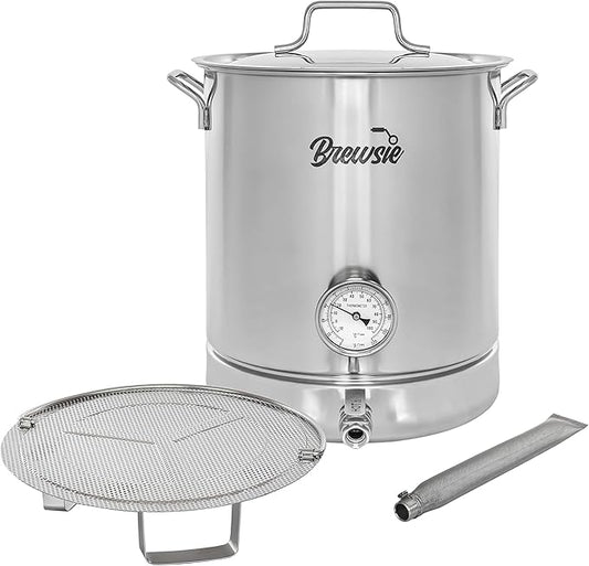 BREWSIE Stainless Steel Home Brew Kettle w/Dual Filtration. Equip with False Bottom Thermometer and Ball Valve for Brewing (10 Gal/ 40 Quart)…