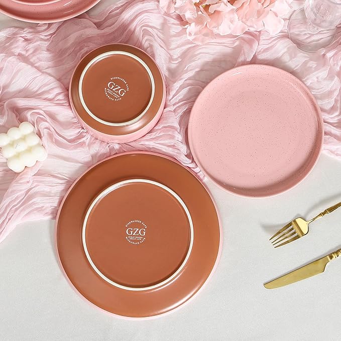 GZG Ceramic Dinner Salad Plates Set of 4, 8 Inch Speckled Dinnerware Dessert Plates with Clay-Tone Base, Microwave Oven Dishwasher Safe