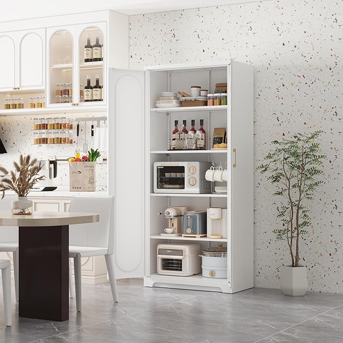 Metal Storage Cabinet with 4 Adjustable Shelves, 71" Tall Kitchen Pantry Cabinet with Doors, White Pantry Cabinets, Utility Large Cupboard, Storage Cabinets for Kitchen, Living Room, Dining