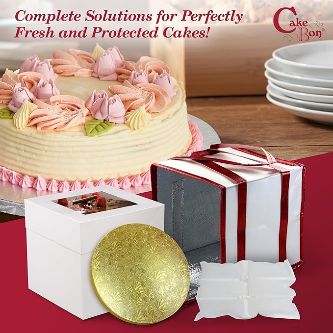 Cakebon Cake Box and Boards, 12-Inch Round Gold Smooth Edges 1/2- Inch Thick Drums with Insulated Bag and Ice Pack – Cake Transport Set, Cooler for Cake Delivery and Transport (1pc Each, 4pcs Total)
