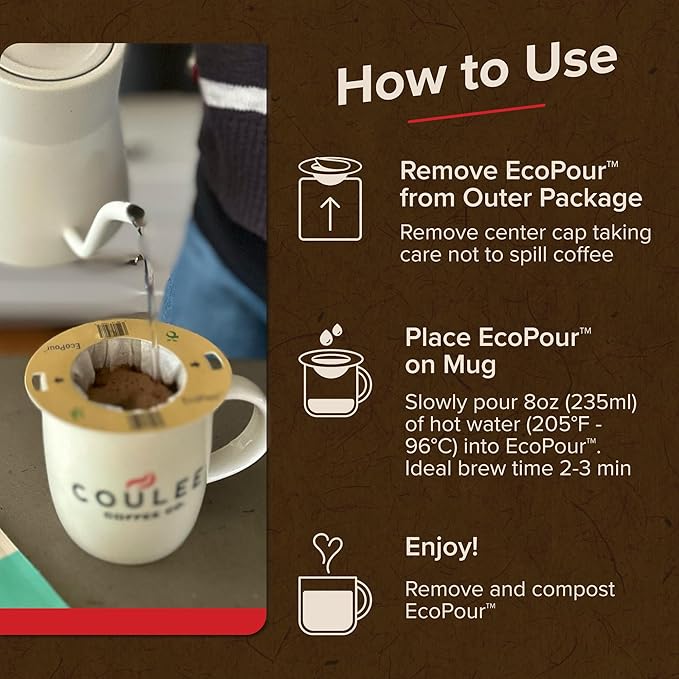 Coulée EcoPour O.G. Coffee, All Paper Single Serve Colombian Coffee, Medium Roast, Use for Camping or Traveling, Pre Filled Compostable Filters, Ready to Brew with Hot Water, Plastic Free, 10 Pack