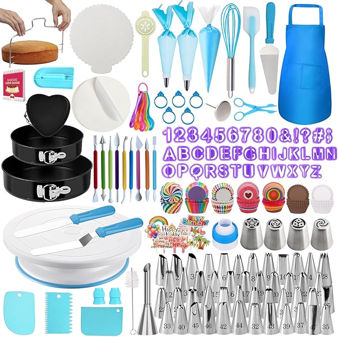 722pcs Cake Decorating Kit - Baking Supplies with Springform Pans, Cake Rotating Turntable, Icing Piping Bags and frosting Tips Set - Cake Decorating Tools for Beginners