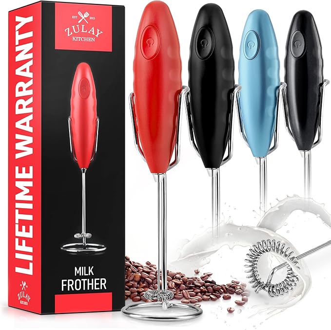 Zulay Double Grip Milk Frother with Holster Stand – Handheld Electric Coffee Frother, One-Touch Foam Maker – Detachable SS Whisk for Latte, Cappuccino, Matcha, Hot Chocolate – Red