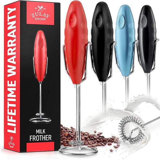 Zulay Double Grip Milk Frother with Holster Stand – Handheld Electric Coffee Frother, One-Touch Foam Maker – Detachable SS Whisk for Latte, Cappuccino, Matcha, Hot Chocolate – Red
