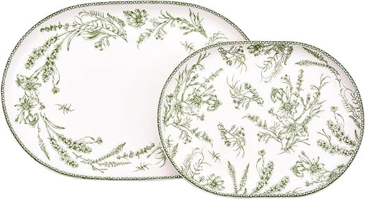 Bico Green Garden Toile De Jouy 16 plus 12 inch Oval Platters Set, Set of 2, Microwave and Dishwasher Safe, for Serving Fish, Chicken, Turkey