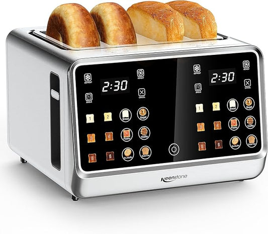Keenstone Toaster 4 Slice, Digital Smart Toaster with TouchScreen, Dual Control Panel, Single Slot Toasting, Timer, Reheat & Defrost for Bagels, Bread, Waffles, Stainless Steel Kitchen Essentials
