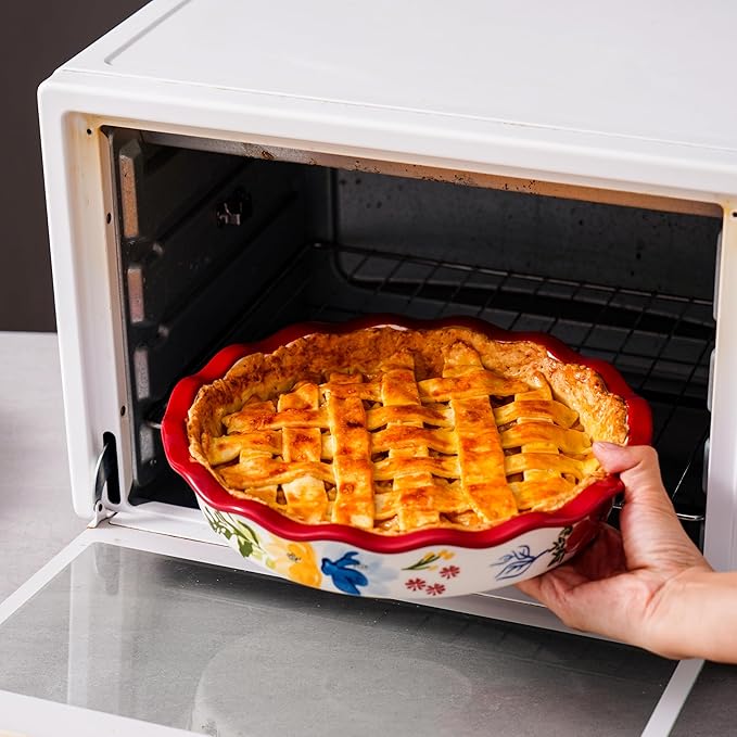 Pie Pan Ceramic Pie Plate, 9 inch Deep Dish Pie Pans, Nonstick Pie Pans for Baking, Red Floral Pie Dish For Kitchen