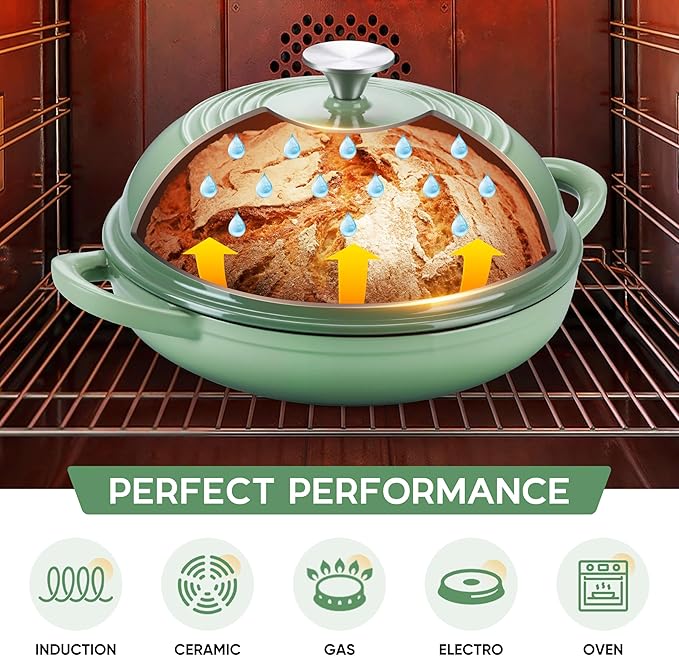 E-far Dutch Oven for Sourdough Bread Baking, 6 Qt Round Enameled Cast Iron Dutch Oven for Homemade Artisan Bread, Dome Lid & Shallow Base, Matte Black Interior & Durable, Oven-Safe to 500℉, Green