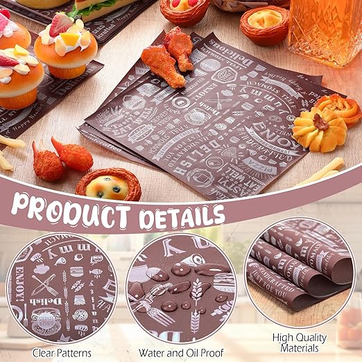 Outus 600 Pcs 12 x 12 Inch Deli Wax Paper Sheets Grease Resistant Tray Basket Liners Newsprint Paper Water and Grease Proof Sandwich Wrapping Square Hot Dog Wrappers for Food Baking (Coffee Color)