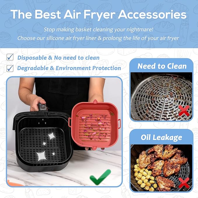 Silicone Air Fryer Liners Square - Reusable Airfryer Silicone Basket - Easy to Clean Air Fryers Silicone Pot for 5.8 to 8 Qt Air Fryer Baking Tray Oven Accessories, 8.5 Inch Large(Red)