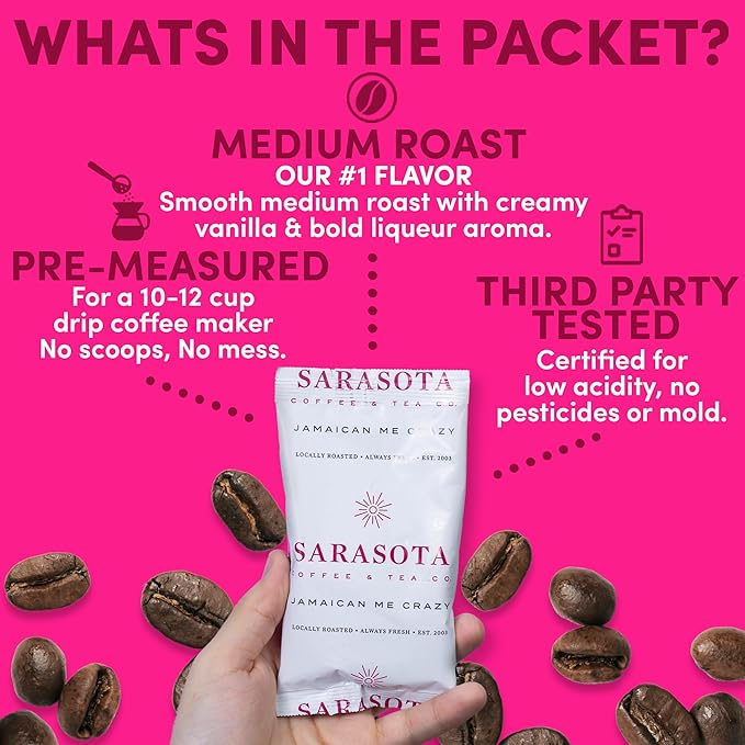 Sarasota Coffee Ground Packets | Gourmet Flavored Medium Roast Bulk Coffee Packs | Jamaican Me Crazy | Low Acid Mold Free Singles Individual Pouches for 12 Cups | 2.5 Ounce Bags, 36 Count