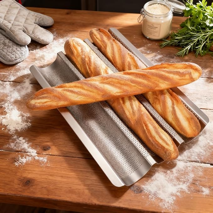 Baguette Bread Pan Set of 2, Silver Baguette Tray Perforated, Nonstick French Bread Baking Pan 3 Loaves, Oven Baking Gifts for Home Baker