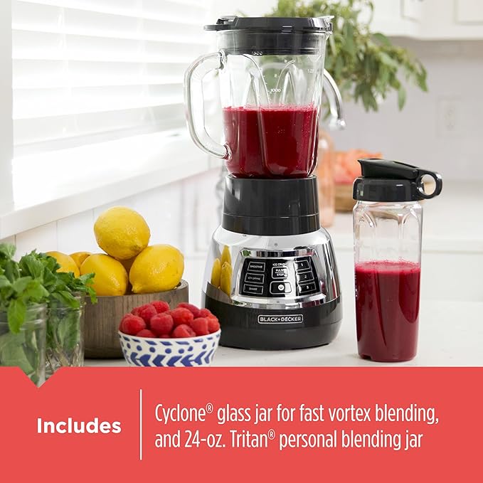 BLACK+DECKER BL1400DG-P Quiet Stainless Steel Blender with Cyclone Glass Cup
