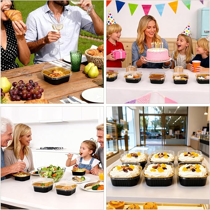 FORBFAN 150 Pack 10 oz Mini Square Cake Pans with Lids, Aluminium Foil Square Brownie Baking Cups, Disposable Ramekins Oven Safe