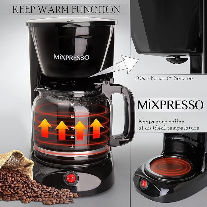 Mixpresso 12 Cup Coffee Pot, Auto-Off & Reusable Filter, Large Drip Coffee Maker, Borosilicate Glass Carafe, Anti-Drip, Water Window, Easy On/Off Switch, Black Coffee Machine