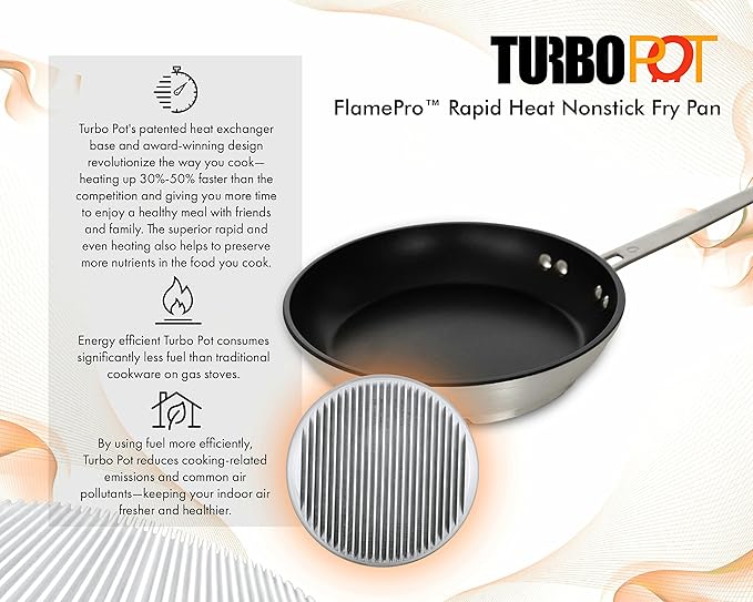 FlamePro™ Rapid Heating 12-Inch Professional Nonstick Aluminum Fry Pan/Skillet by Turbo Pot®, Time-and-Energy Saving Cookware for Gas Stove