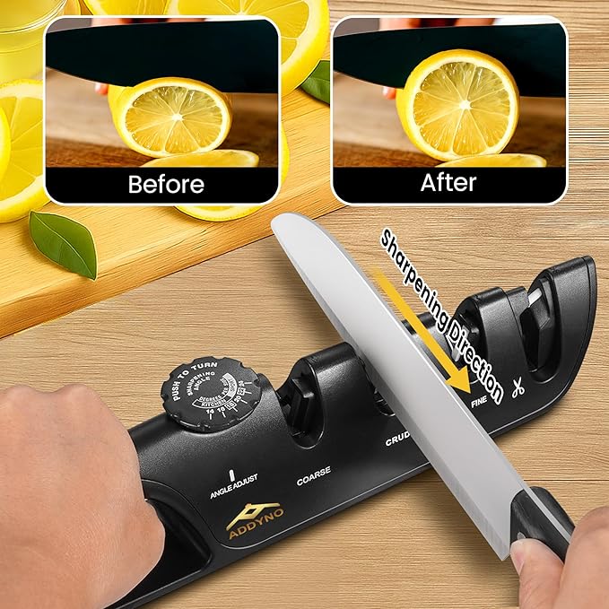 4-in-1 Knife Sharpener with Angle Guide, Adjustable Edge,3-Stage Coarse–Sharpen–Fine + Scissors Slot, Non-Slip Base & Ergonomic Handle for Kitchen Knives