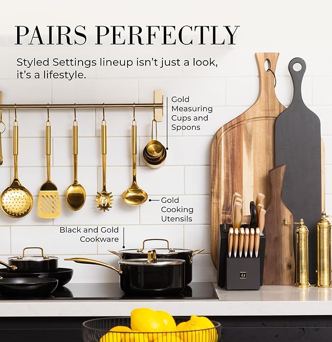 Black and Gold Knife Set for Kitchen with Block – 14-Piece Ultra-Sharp Stainless Steel Knives with Gold Handles and Built-In Sharpener – Stylish Kitchen Accessories for Cooking and Decor