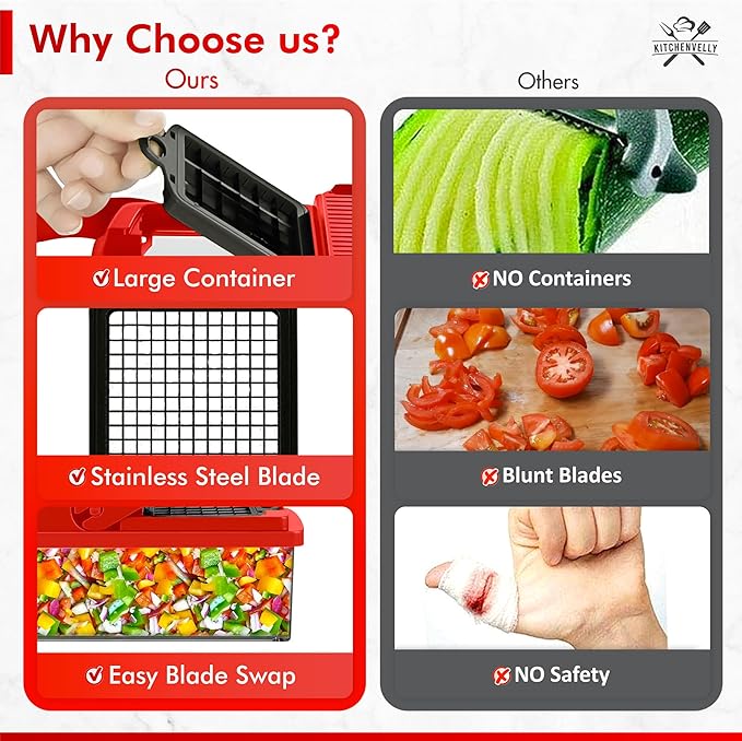 16-in-1 Vegetable Chopper and Slicer with 8 Blades – Veggie Cutter, Dicer, Food Chopper with Container & Lid – Multi-Purpose Kitchen Tool for Easy Meal Prep (Red)