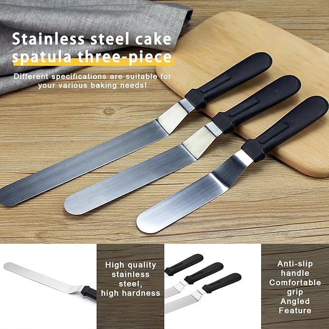 Icing Spatula, Cake Spatula, Frosting Spatula Set - 6", 8", 10" Stainless Steel Offset Spatulas with Non-Slip Handle & 3 Cake Scrapers, Angled Baking Decorating Tools