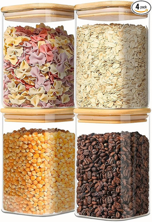 1.2 Qt Square Glass Storage Containers with Lids, glass jar with airtight lid, Glass Canister for Pantry Cookie Flour Cereal Rice Sugar Tea Coffee Beans Spice (Square-4Pack)