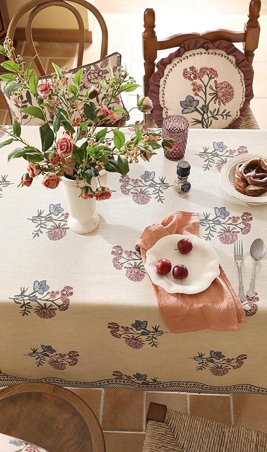 ISAENNE Designer Linen Light Beige Small Square Tablecloth,French Colorful Floral Table Cloth,Stain Resistant Decor Tablecloths for Dining Thanksgiving Christmas Kitchen,55"*55"-Helena E