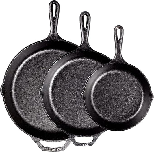 Lodge Pre-Seasoned Cast Iron Skillet Set - Set Includes 8 Inch Skillet, 10.25 Inch Skillet, and 12 inch Skillet - 3 Piece