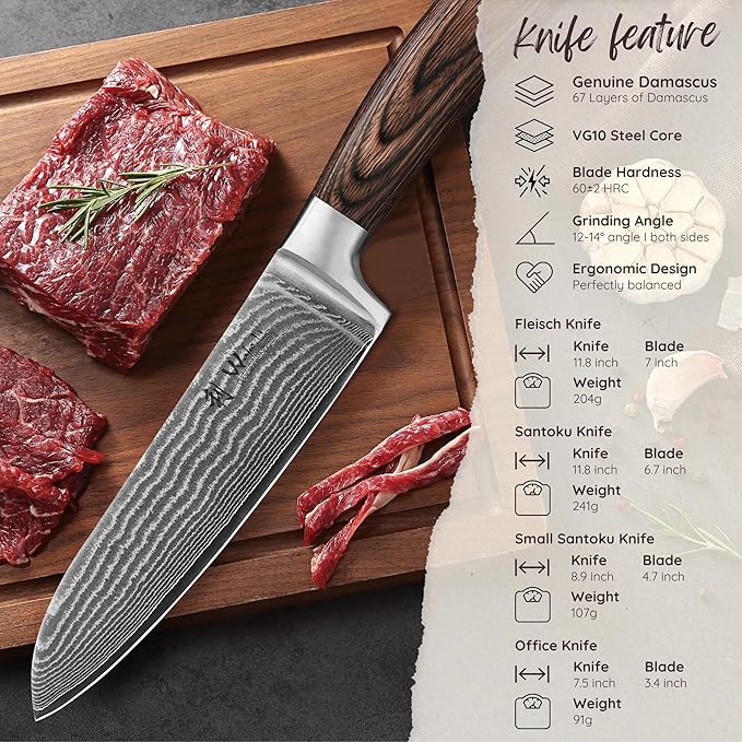 Wakoli EDIB 4-Piece Damascus Knife Set – Professional Kitchen Knives | Genuine Damascus Steel Blades with VG10 Core | Ergonomic Pakkawood Handles | Premium Chef Knife Gift Set