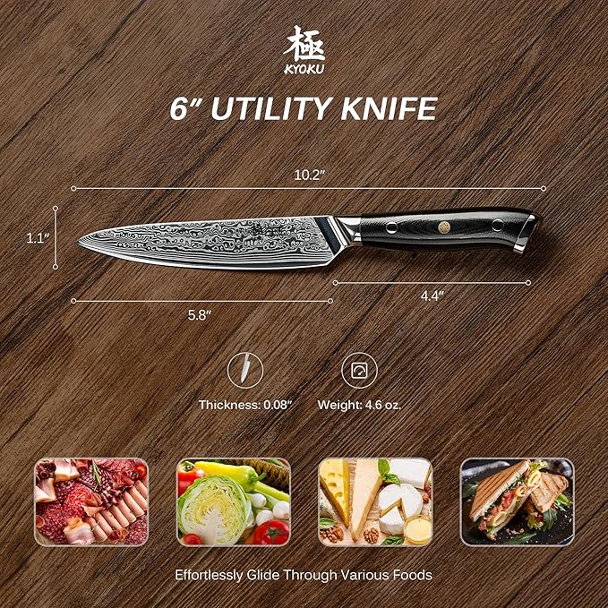 KYOKU Chef Utility Knife - 6" - Shogun Series - Japanese VG10 Steel Core Forged Damascus Blade - with Sheath & Case