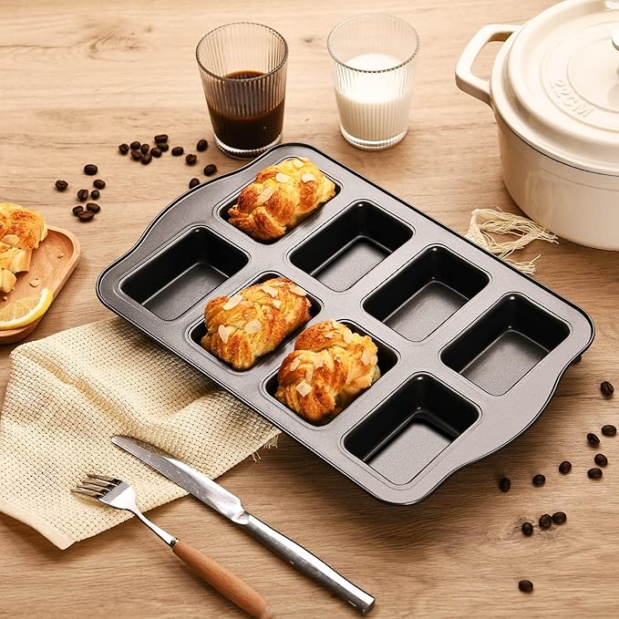 HONGBAKE 2 Pack Mini Loaf Baking Pans 8-Cavity, Nonstick Small Cornbread Pan, Tiny Banana Bread Pan Set, Heavy Duty Brownie TIn, Dark Grey