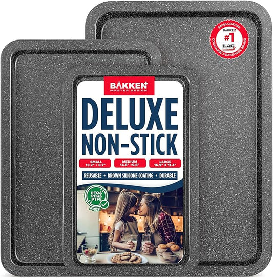 BAKKEN 3-Piece Kitchen Baking Pans - Small, Medium, and Large Cookie Pan, With Nonstick Coating, Stackable and Space-saving Design, PFOA, PFOS, PTFE Free, Oven Safe Tray (Up To 450°F), Gray Marble
