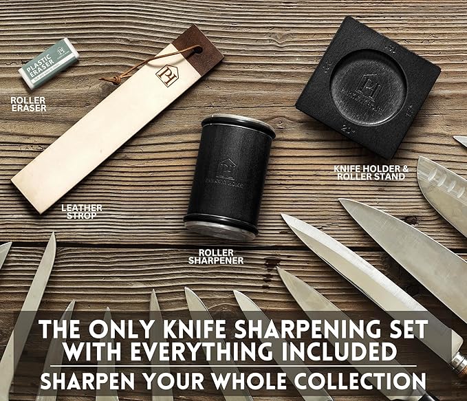 Black Roller Sharpener for Knives with Leather Strop - Knife Sharpener Kit with 15, 17, 20 & 22 Degree Angles - Roller Knife Sharpening System Stand, Holder & Eraser