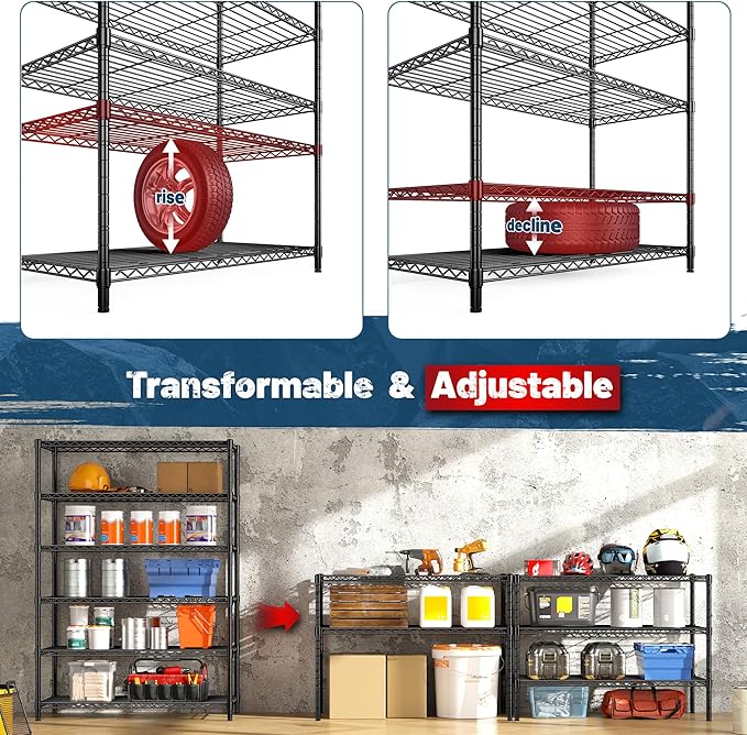 6 Tier Storage Shelves 75H Adjustable Metal Shelving Rack, 1200LBS Wire Shelving Rack for Storage Unit, Metal Shelves for Pantry Shelves, Garage, Kitchen, 75" Hx 36" Wx 18" D