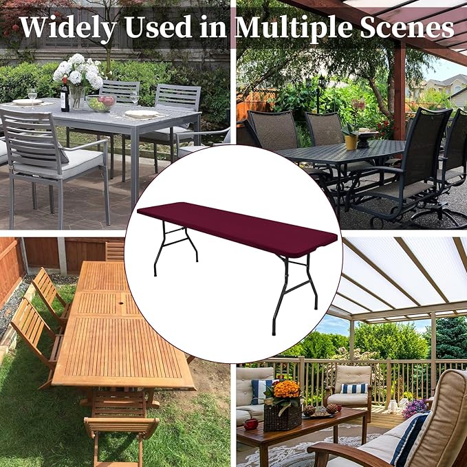 6 Pack Stretch Fabric Table Top Cap Cover, fits 6' Tables, Spandex Table Covers Washable Elastic Rectangle Tablecloth Protector for Indoor Outdoor Party Picnic Wedding, Wine Red, 30" W x 72" L