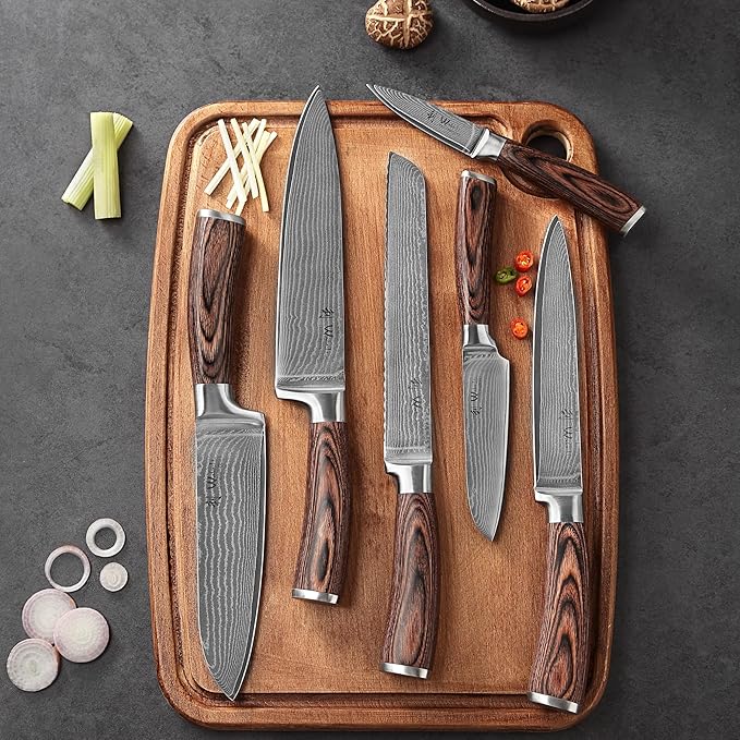 Wakoli EDIB 6-Piece Damascus Knife Set – Complete Kitchen Knives Collection | Genuine Damascus Steel Blades with VG10 Core | Ergonomic Pakkawood Handles | Professional Knife Gift Set