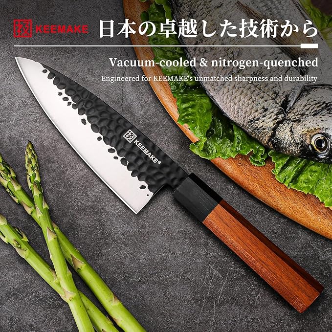 KEEMAKE Deba Knife 6 inch, Double Bevel Japanese 440C Stainless Steel Fish/Fillet Knife with G10 Bolster Octagonal Wood Handle