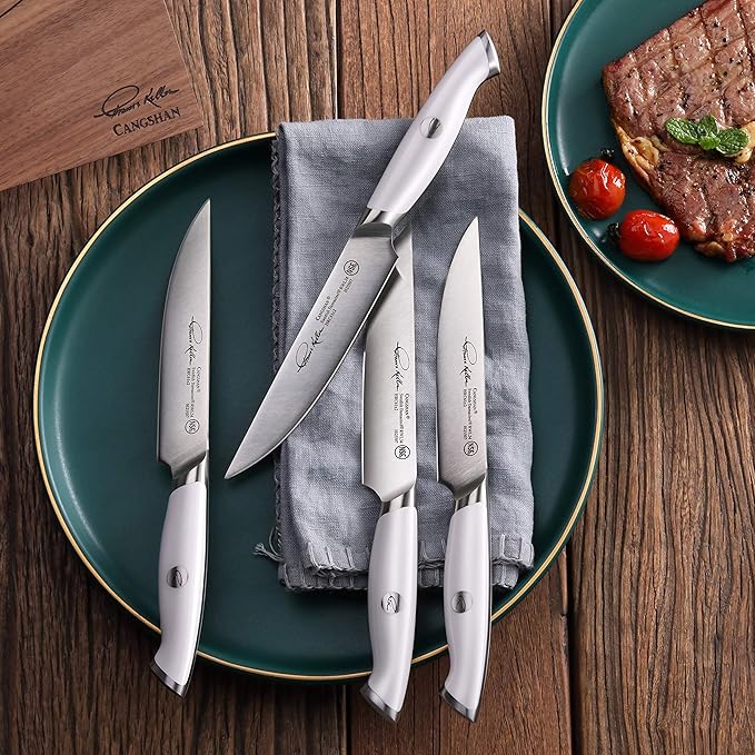 Cangshan Thomas Keller Signature Collection Swedish Powder Steel Forged, 4-Piece Fine Edge Steak Knife Set w/Walnut Box, White