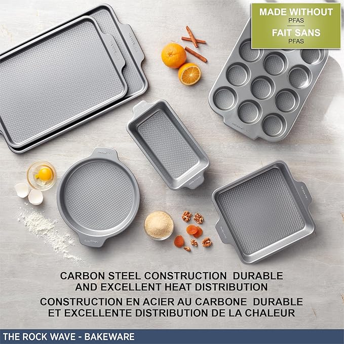 Starfrit The Rock Wave 28x44.5cm (11"x17.5") Non-Stick Large Cookie Sheet - Durable Carbon Steel - Oven Safe - PFOA Free - Easy to Clean - Grey