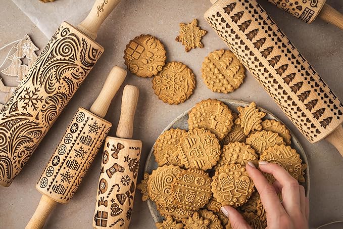 CHRISTMAS FUN 3 Kid Rolling Pin Set. Wooden Laser Cut Embossing Cut Mini Rolling Pins for Embossed Cookies. Gift for Kid, Friend, Christmas by Algis Crafts